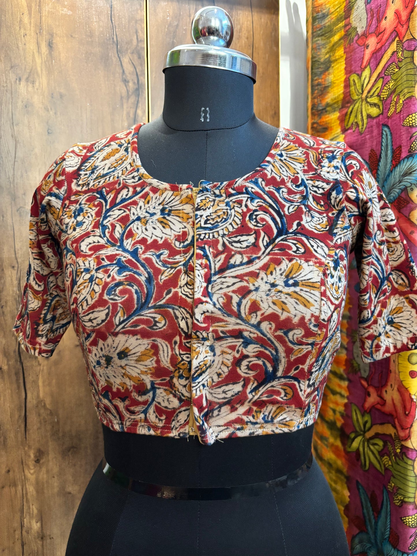 Red Round neck Stretchable Hand block printed kalamkari blouse with front hooks