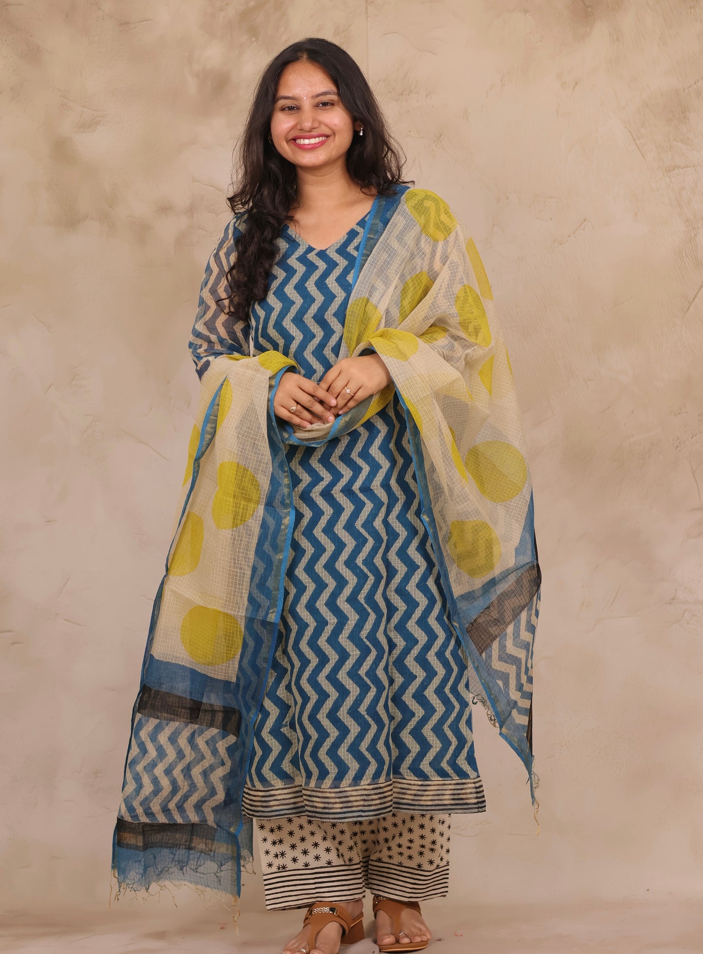 Cyan Blue Contemporary Handblock printed kota 3 piece suit (stitched)