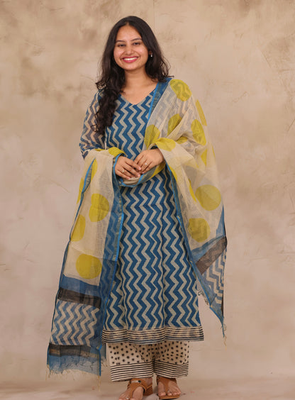 Cyan Blue Contemporary Handblock printed kota 3 piece suit (stitched)