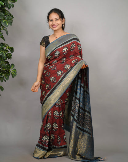 Ajrakh Dola Silk Saree - Brick Red | Looms & Tassels