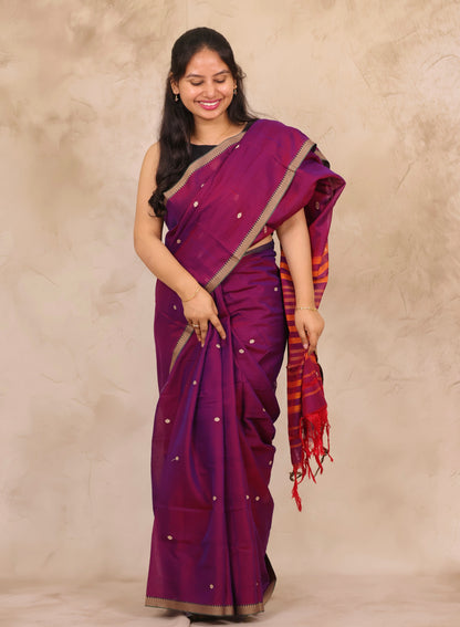 Purple Narayanpet Cotton Saree With Butta Weaving | Looms & Tassels