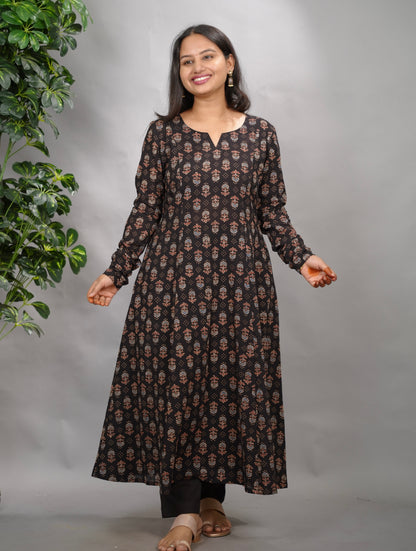 Black Ajrakh Handblock Printed Kali Kurta with Chudi Sleeves