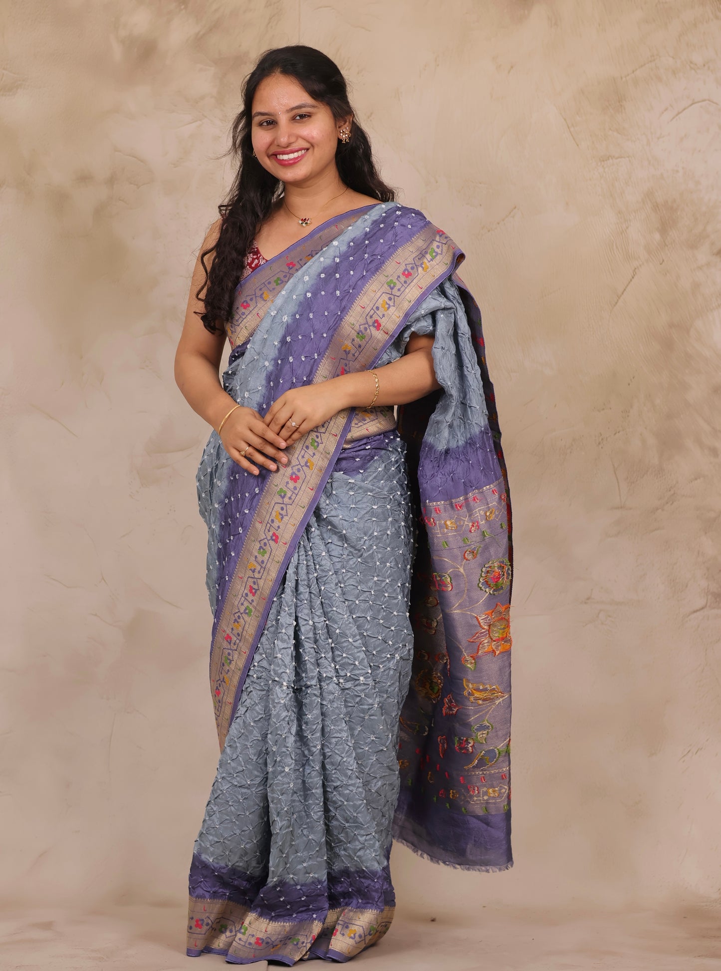 Blue & Grey Handcrafted Bandhani Paithani Dola Silk Saree | Looms & Tassels