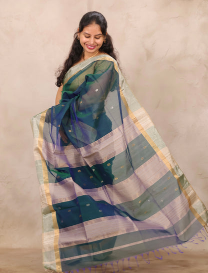Peacock Blue Handloom Maheswari Silk Cotton Sarees | Looms & Tassels