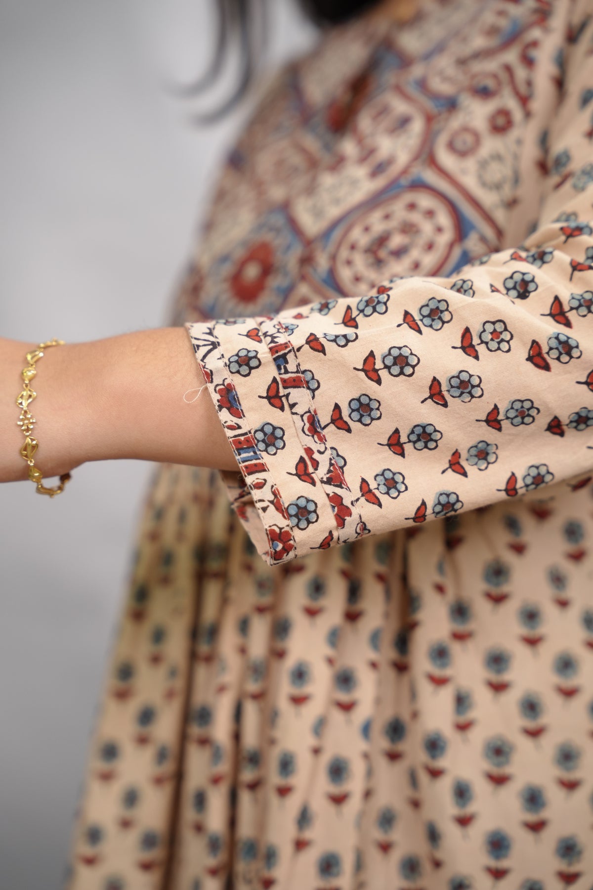 Cream Ajrakh Cotton Patchwork Aline Kurta | Looms & Tassels