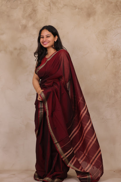Maroon Narayanpet Cotton Saree | Looms & Tassels