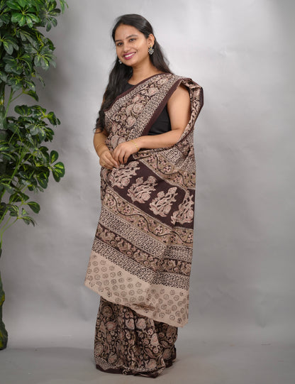 Dark Maroon Hand Block Printed Kalamkari Cotton Saree | Looms & Tassels