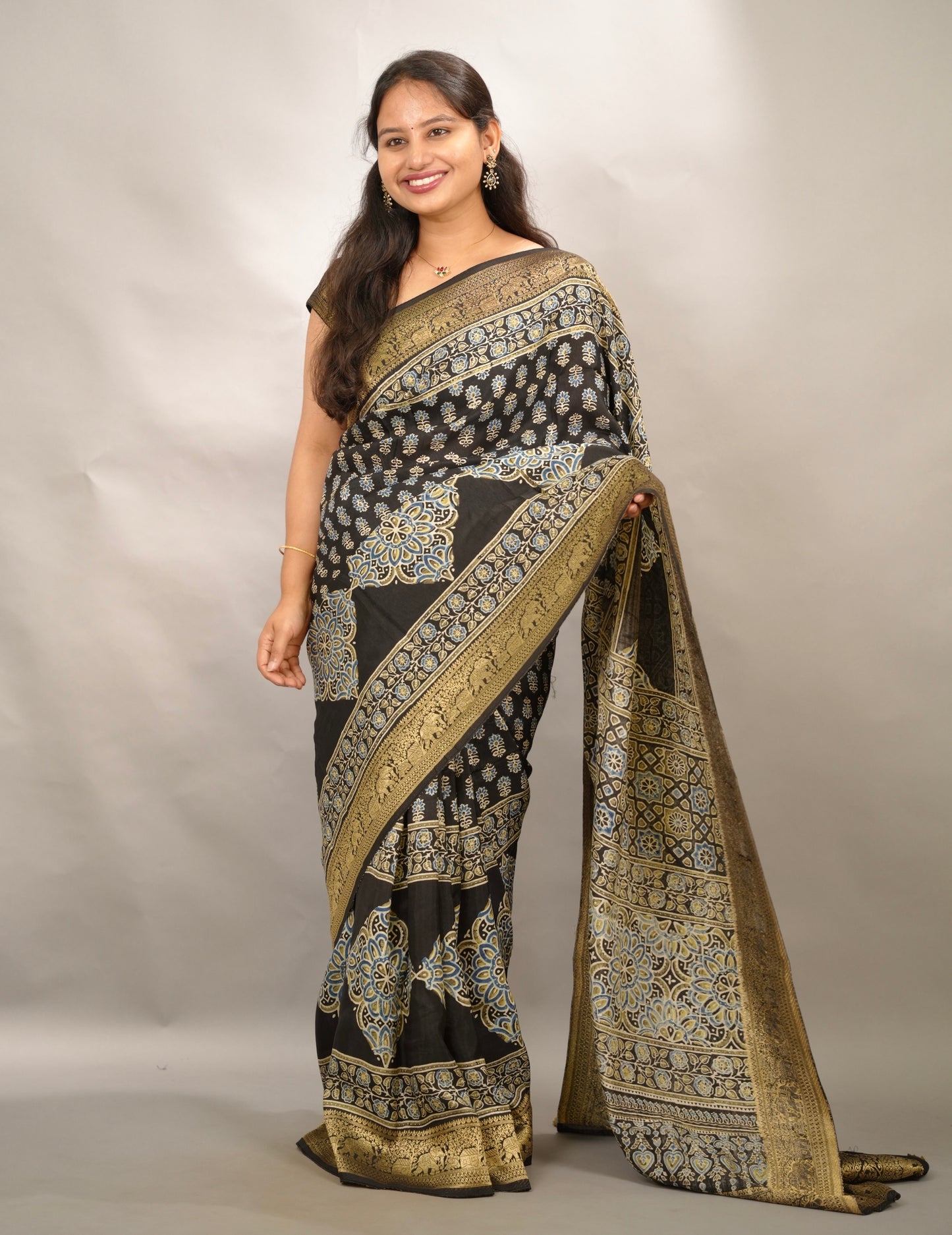 Ajrakh Handblock printed Dola Silk Saree | Looms & Tassels