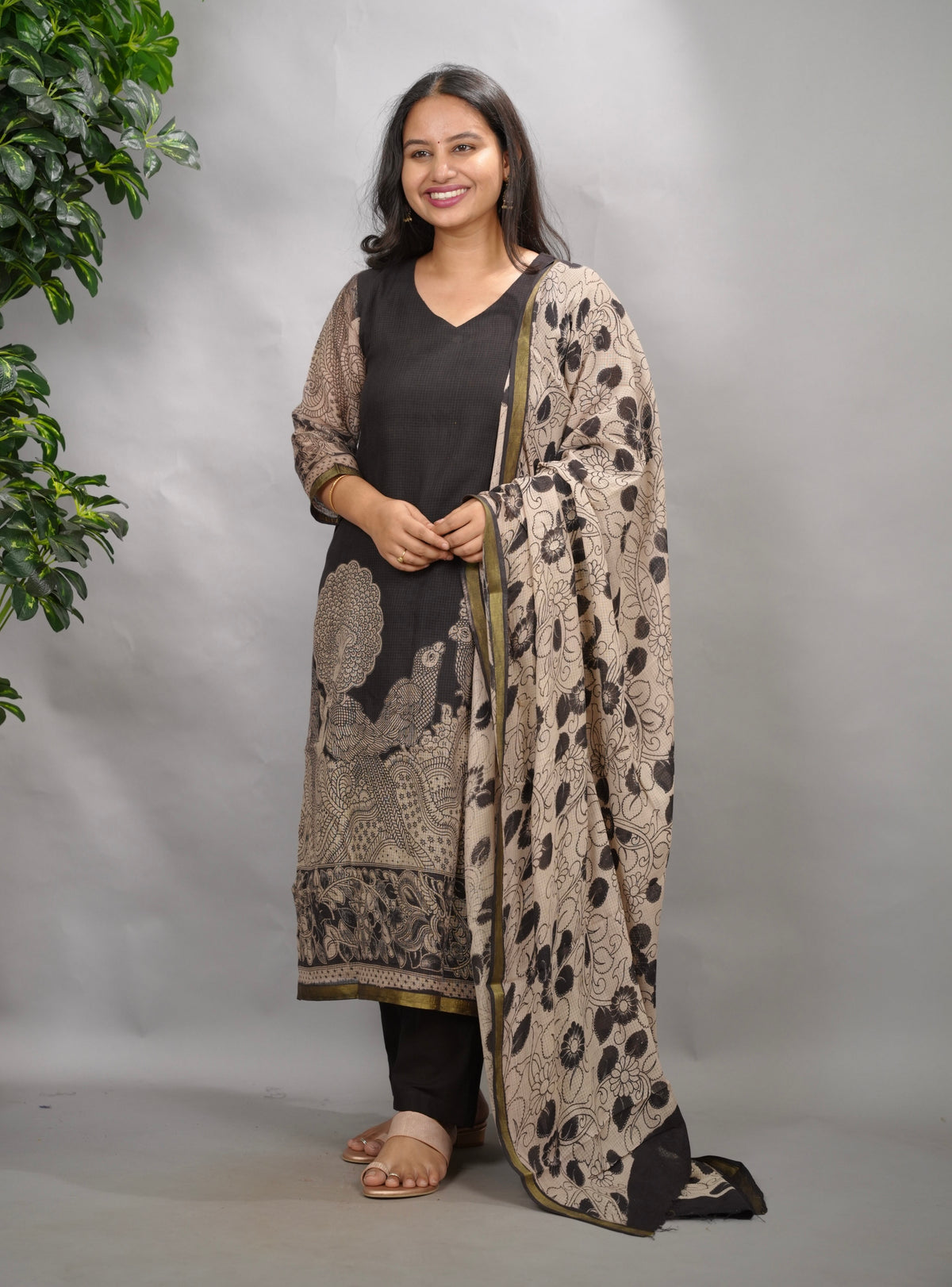 Black Kalamkari Kota Cotton 3 piece suit (stitched) | Looms & Tassels