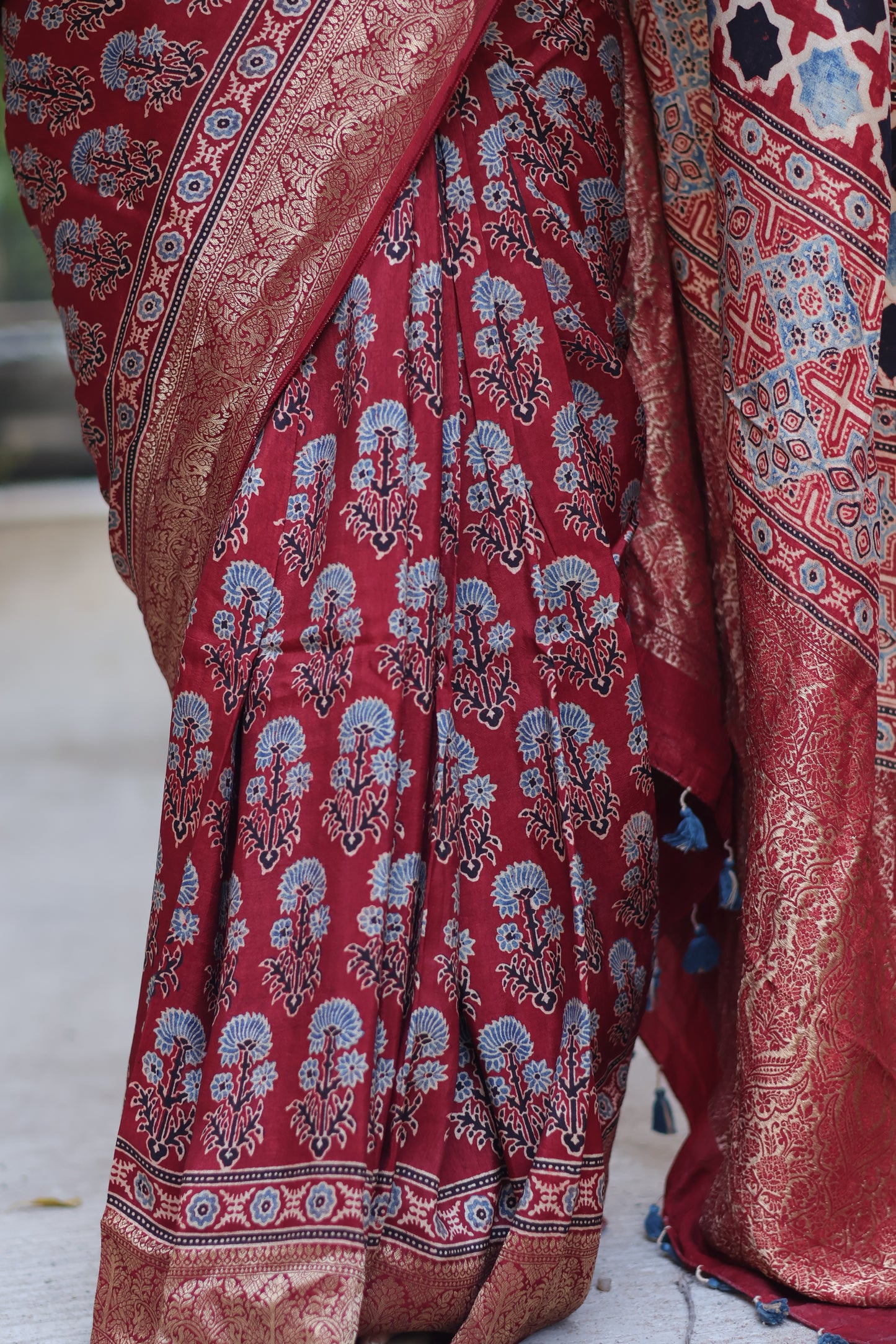Traditional Ajrakh Handblock Printed Dola Silk Saree