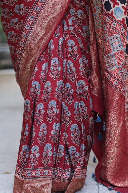 Traditional Ajrakh Handblock Printed Dola Silk Saree