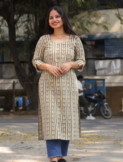Cream Ajrakh Hand Block Printed Kurti