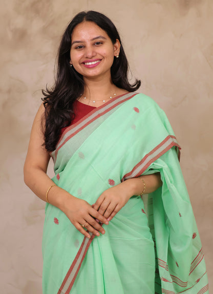 Pastel Handwoven Malai Cotton Saree| Looms & Tassels