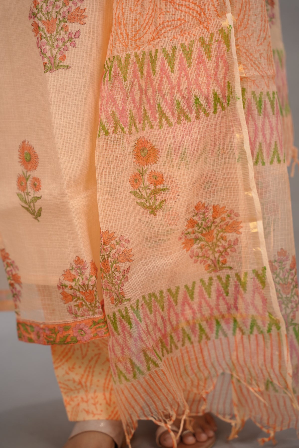 Pastel Handblock printed kota 3 piece suit (stitched)| Looms & Tassels