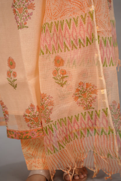 Pastel Handblock printed kota 3 piece suit (stitched)| Looms & Tassels