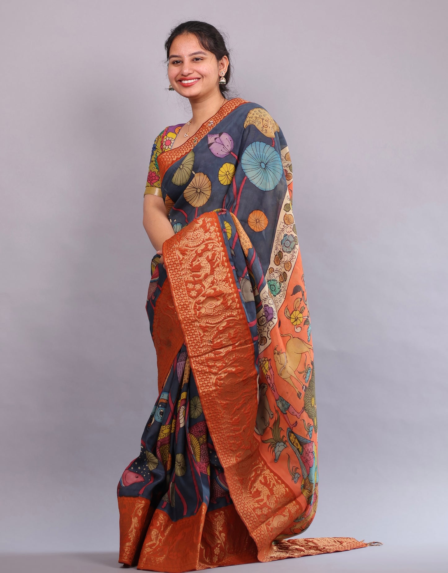 Hand Painted Pen Kalamkari Silk Saree