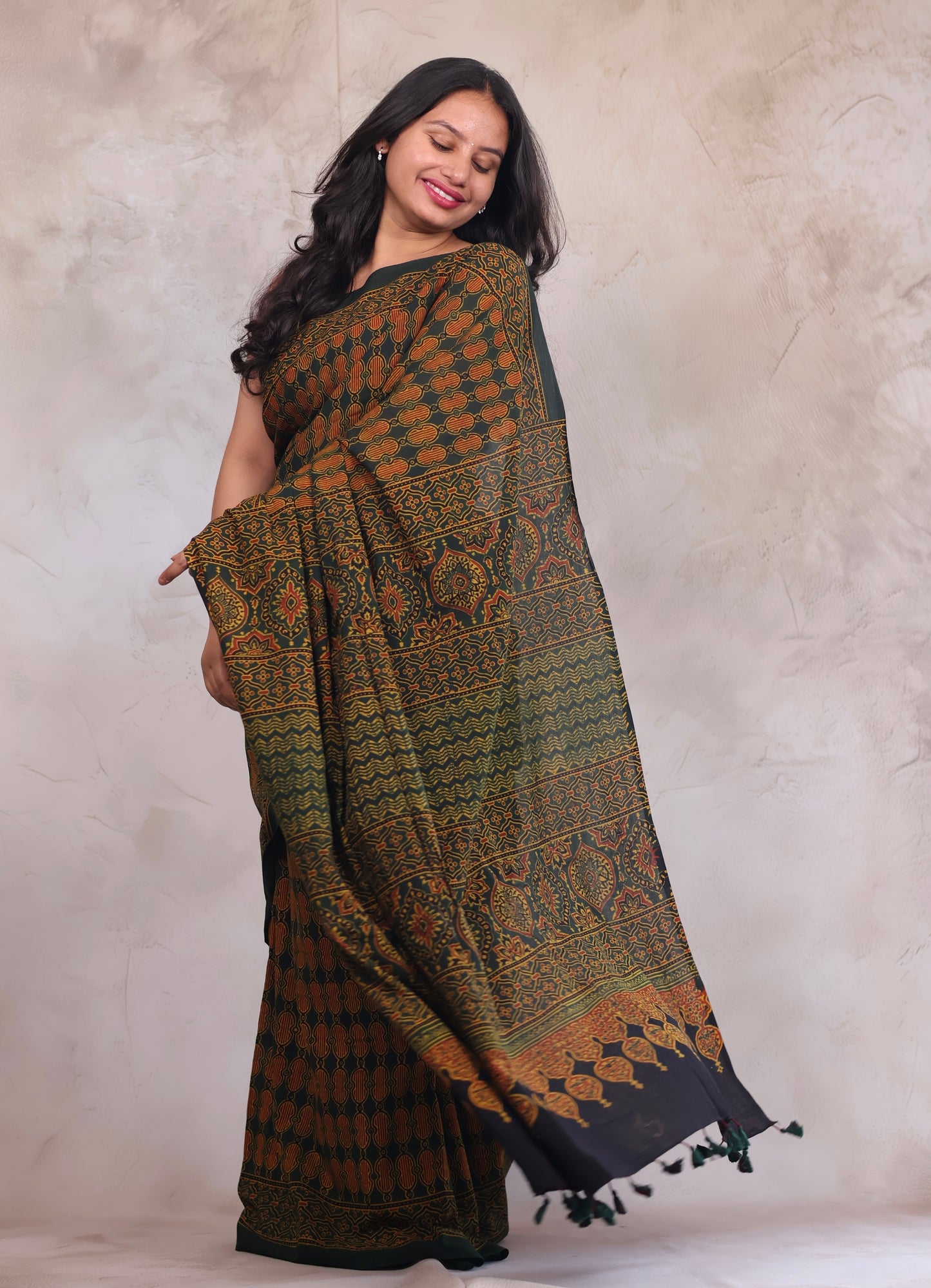 Green Ajrakh Hand Block Printed Mul Cotton Saree | Looms & Tassels