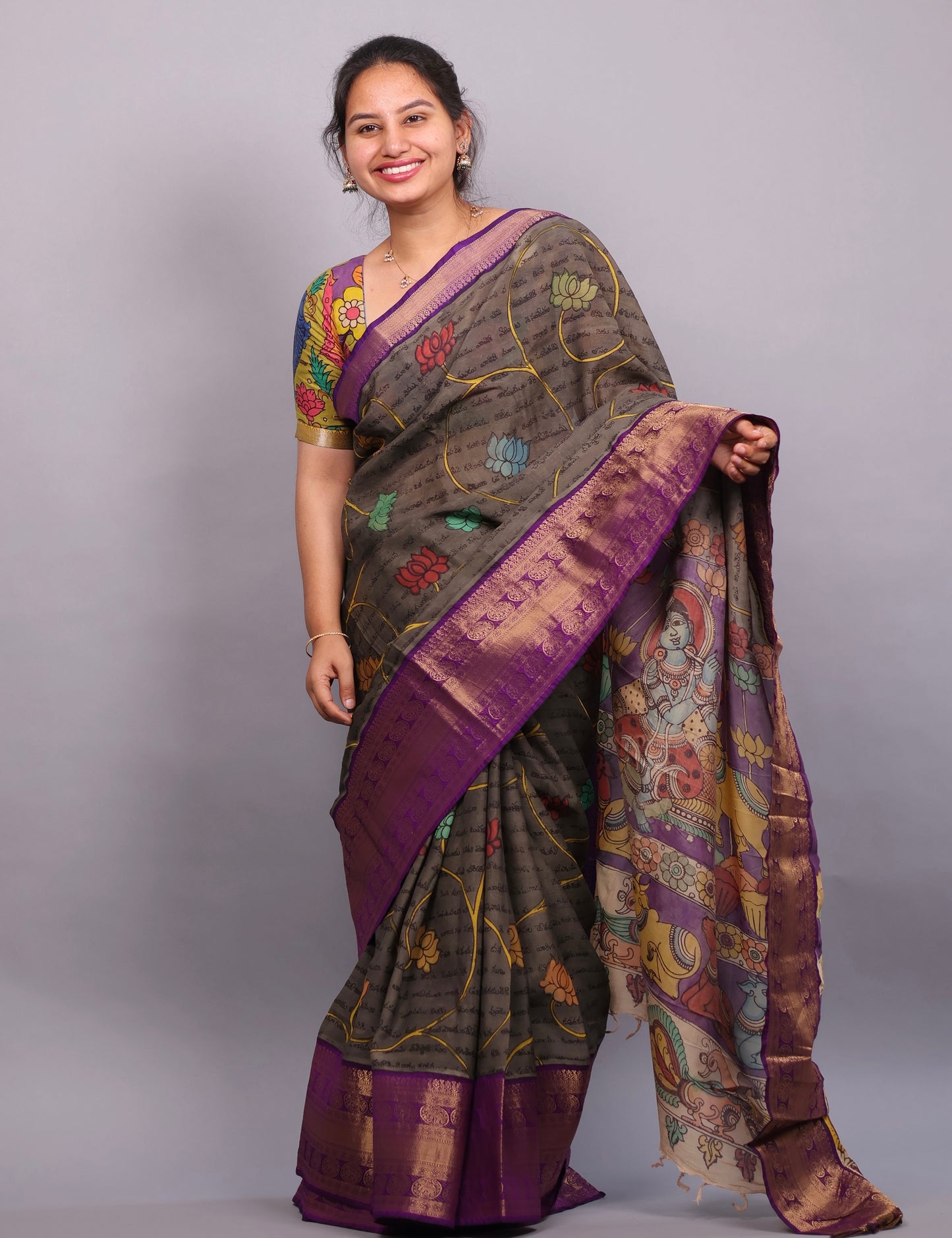 Grey Hand Painted Pen Kalamkari Silk Saree