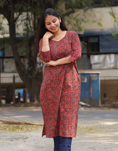 Maroon Ajrakh Hand Block printed Kurti