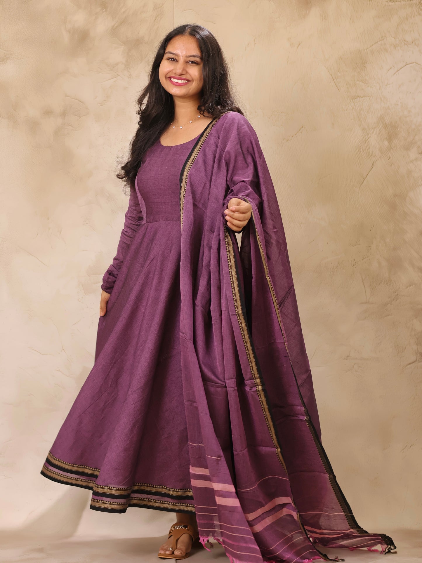 Lavender Narayanpet Cotton Anarkali Dress with Narayanpet Dupatta | Looms & Tassels