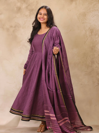 Lavender Narayanpet Cotton Anarkali Dress with Narayanpet Dupatta | Looms & Tassels