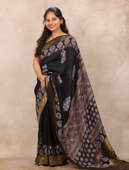 Black Ajrakh Handblock printed Dola Silk Saree | Looms & Tassels