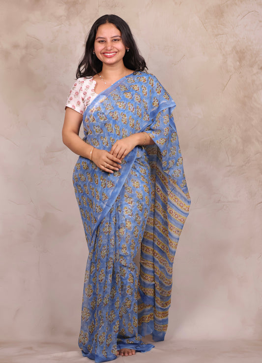 Blue Chiffon Hand Block Printed Saree | Looms & Tassels