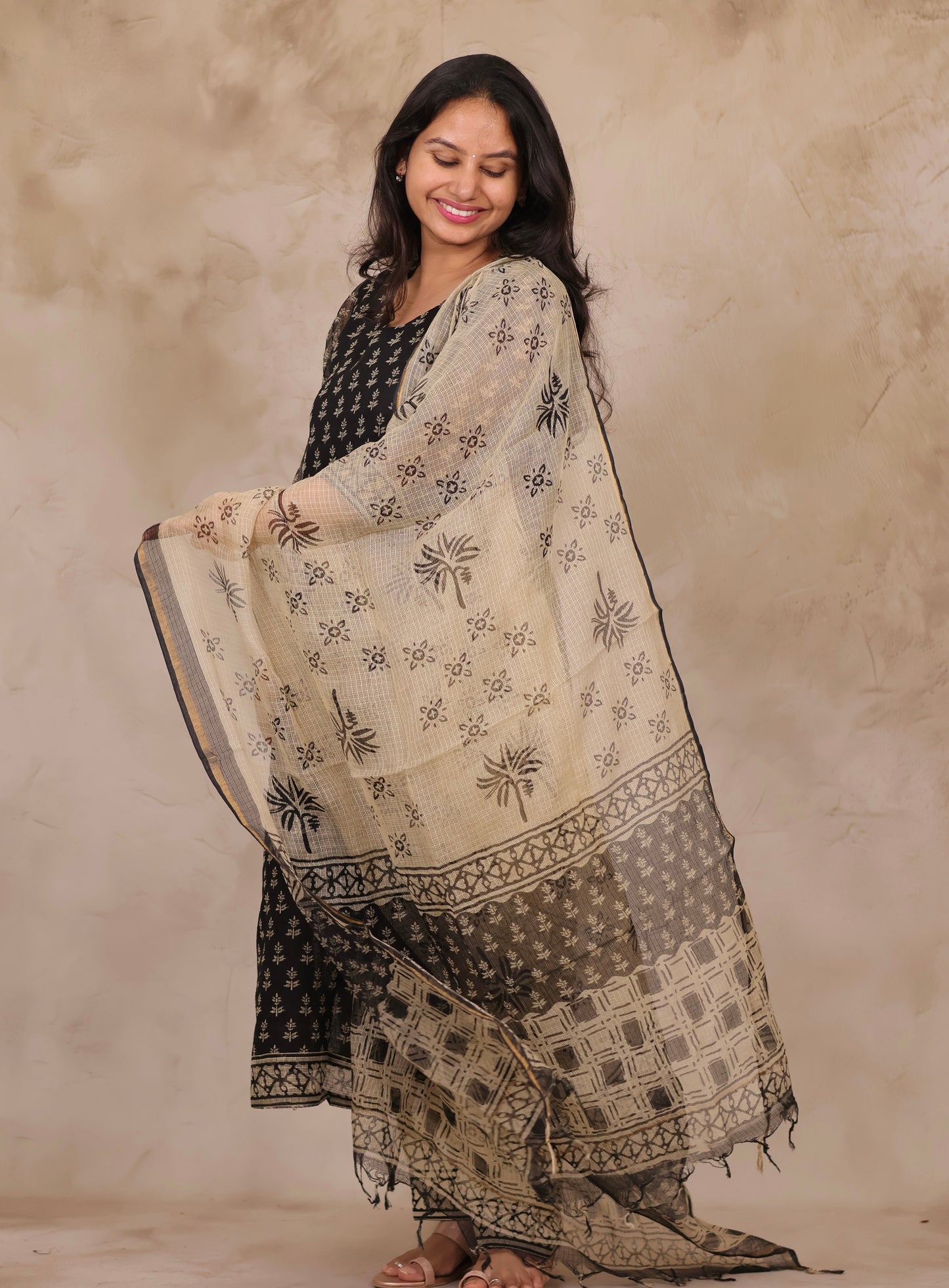 Black Handblock printed kota 3 piece suit (stitched)
