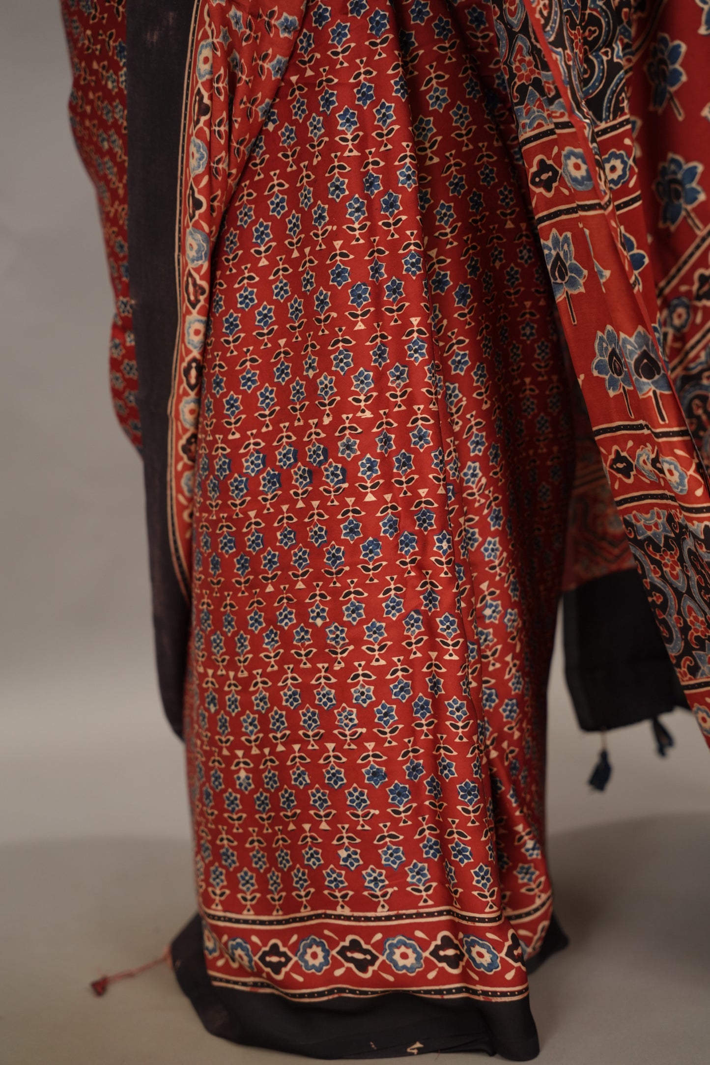 Maroon Small Print Authentic Ajrakh Handblock Printed Modal Silk Saree | Looms & Tassels