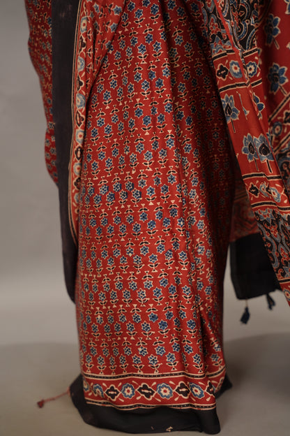 Maroon Small Print Authentic Ajrakh Handblock Printed Modal Silk Saree | Looms & Tassels
