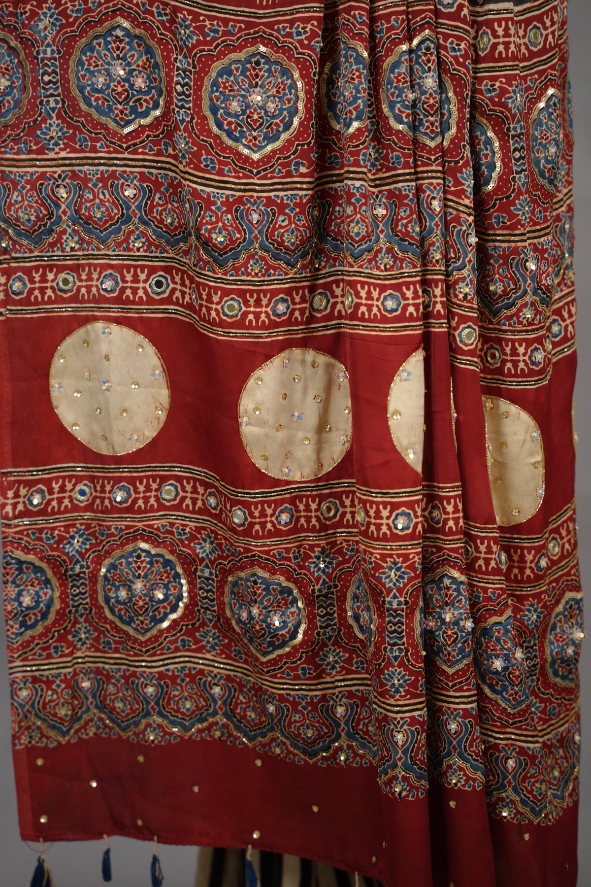 Cream Ajrakh Modal Silk Hand Embroidery Saree | Looms & Tassels