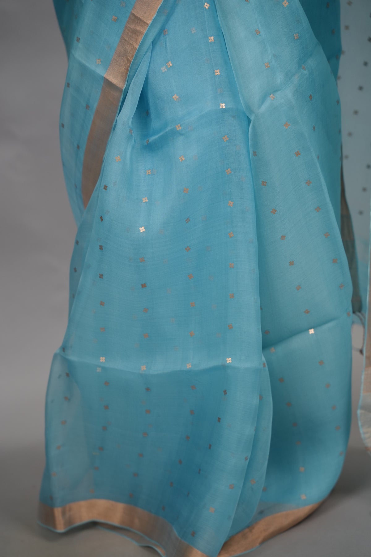 Sky Blue Handwoven Muslin Silk Saree With Sequence Work | Looms & Tassels