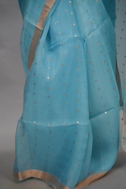 Sky Blue Handwoven Muslin Silk Saree With Sequence Work | Looms & Tassels