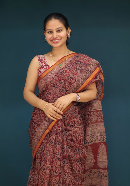 Red Kalamkari Hand block printed Kota Doria Saree