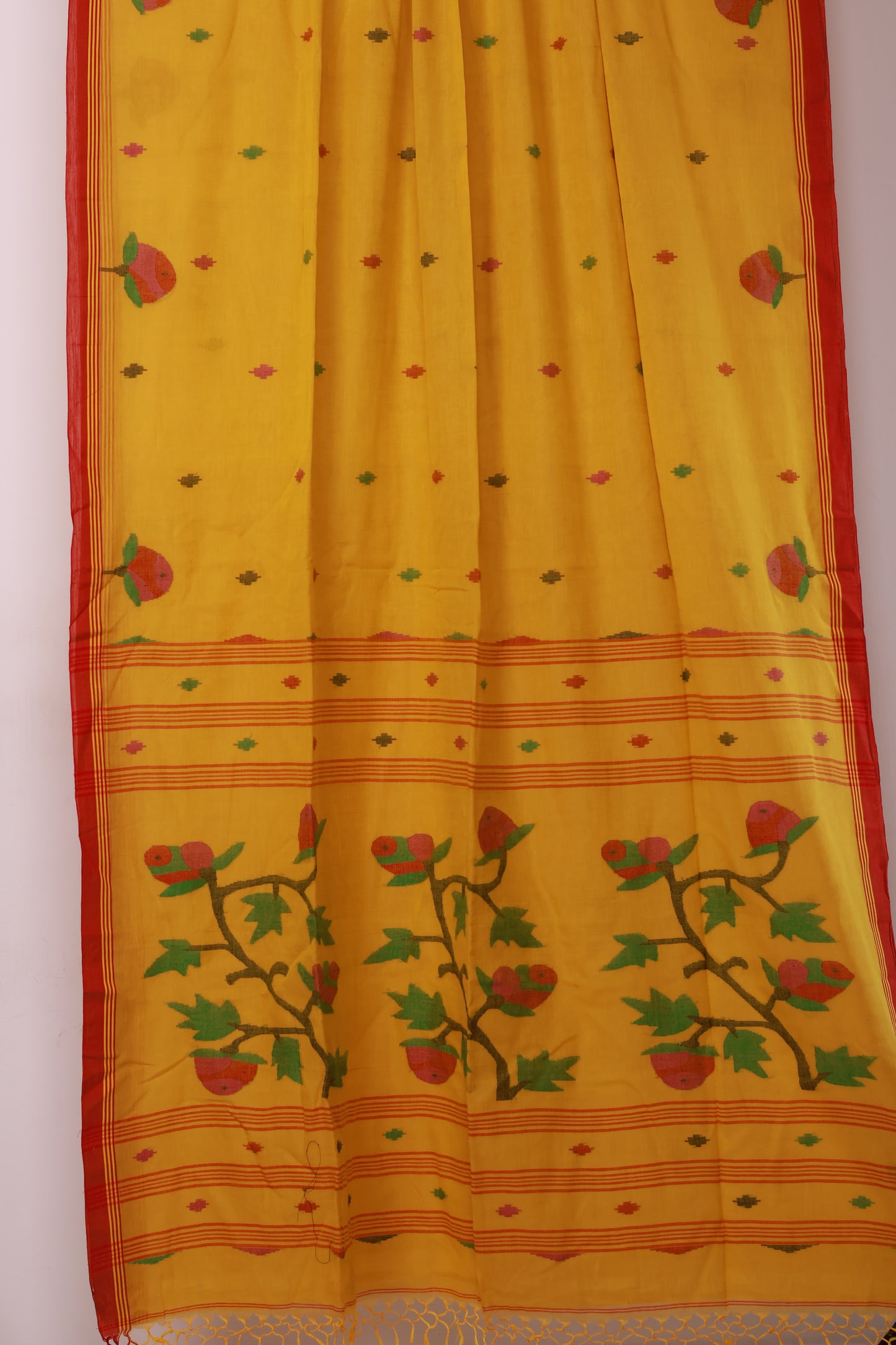 Yellow Pure Handwoven Jamdhani Malai Cotton Saree
