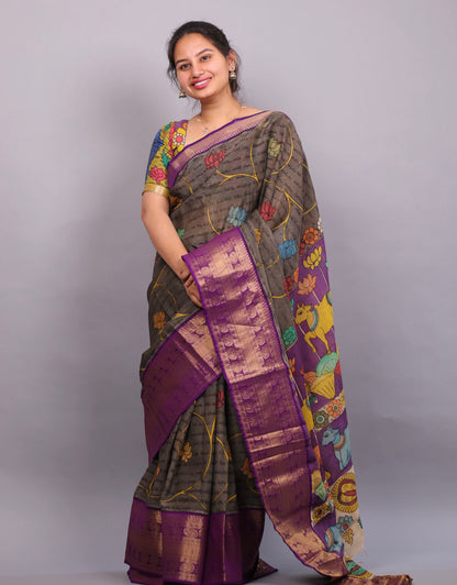 Grey Hand Painted Pen Kalamkari Silk Saree