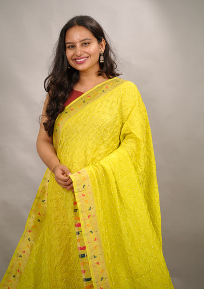 Lemon Green Handcrafted Bandhani Paithani Dola Silk Saree | Looms & Tassels