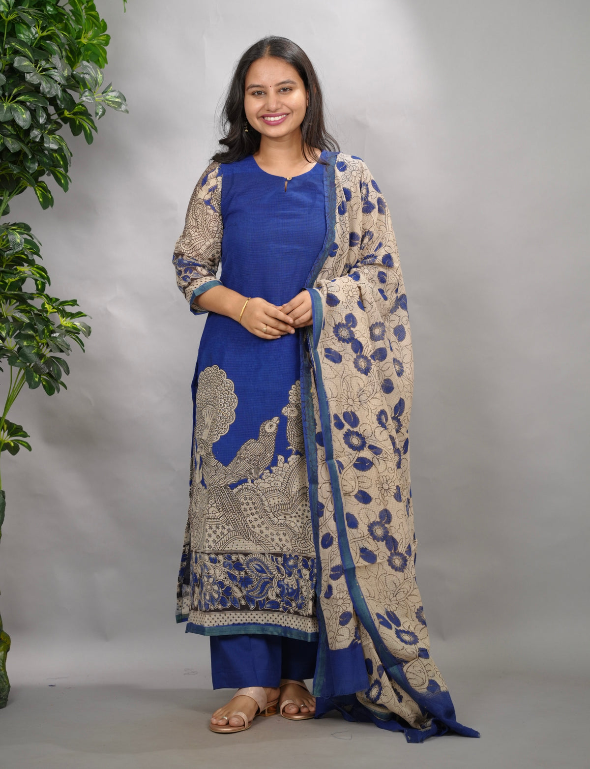 Blue Kalamkari Kota Cotton 3 piece suit (stitched) | Looms & Tassels