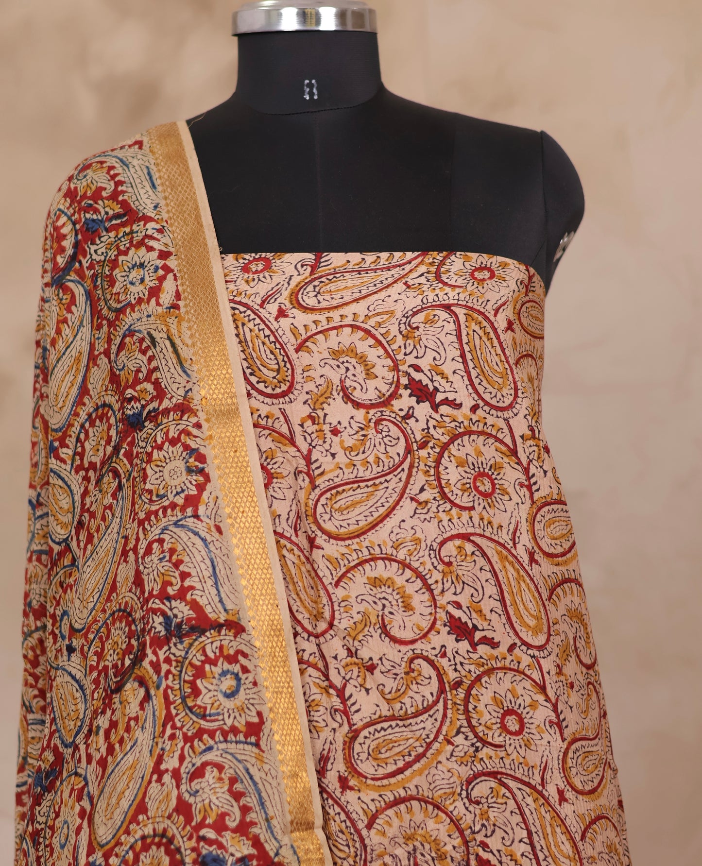 Hand Block Printed Kalamkari Unstitched 3pc Suit Set