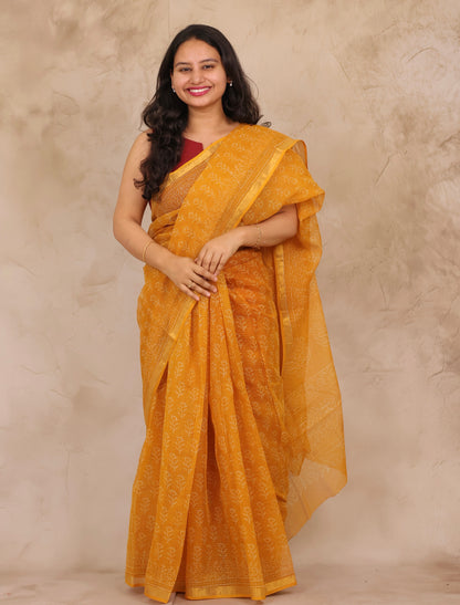 Yellow Pure Kota Doria Saree with Bagru Handblock Prints | Looms & Tassels