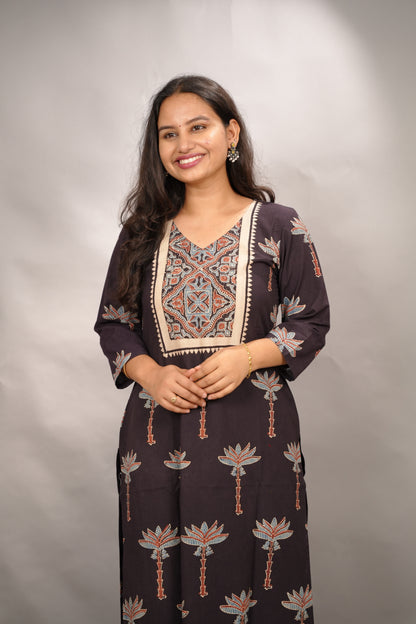 Black Ajrakh Pattern Hand Block printed Kurti | Looms & Tassels