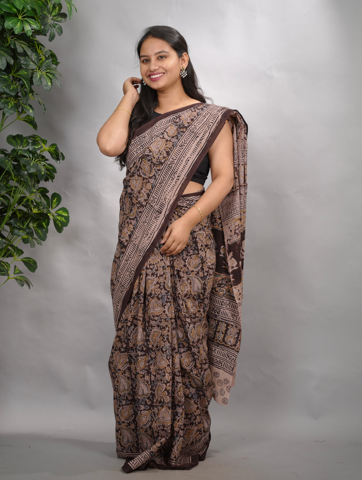 Brown Hand Block Printed Kalamkari Cotton Saree | Looms & Tassels