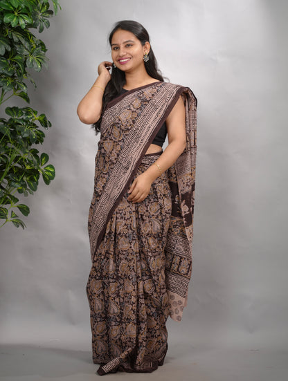 Brown Hand Block Printed Kalamkari Cotton Saree | Looms & Tassels