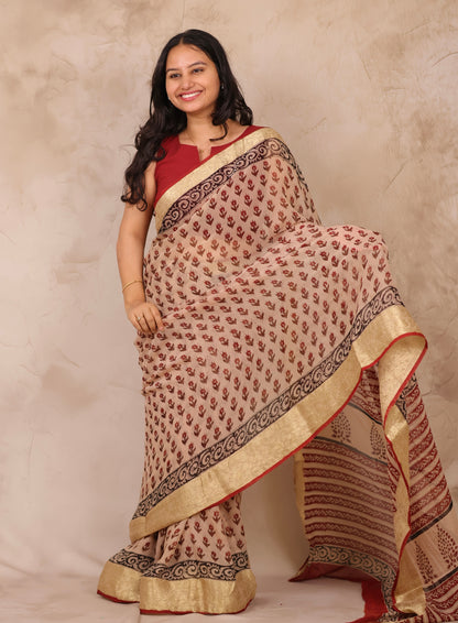 Cream Chiffon Hand Block Printed Saree with Jari Border | Looms & Tassels