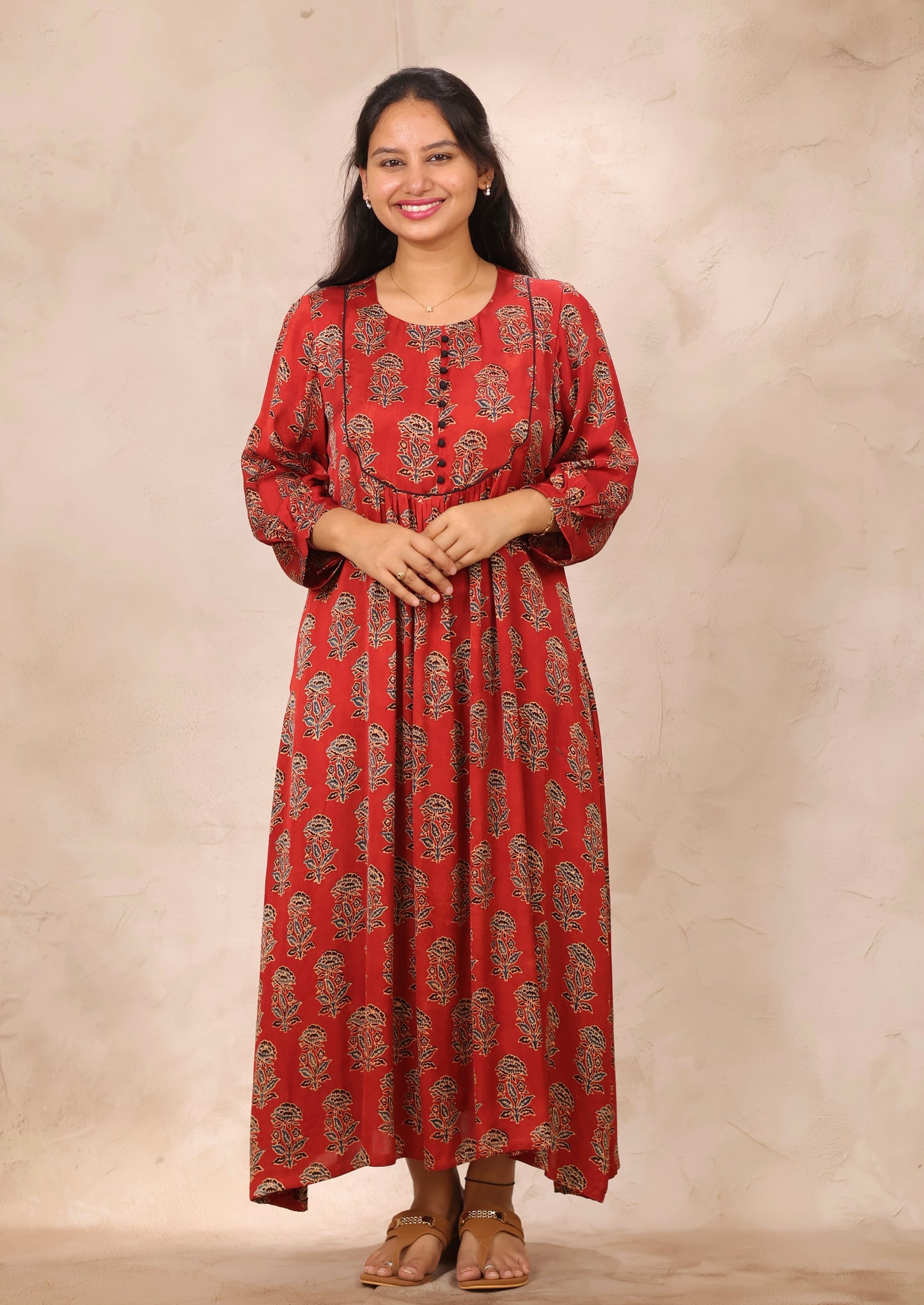 Red Ajrakh Modal Silk Aline Dress | Looms & Tassels