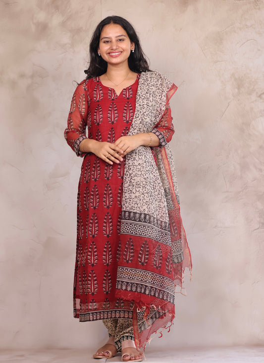 Red Bagru Handblock printed kota 3 piece suit (stitched)