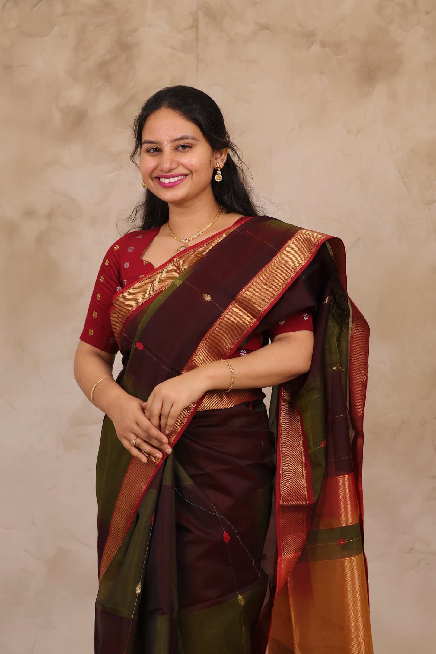 Wine & Green Handloom Maheswari Silk Cotton Sarees | Looms & Tassels