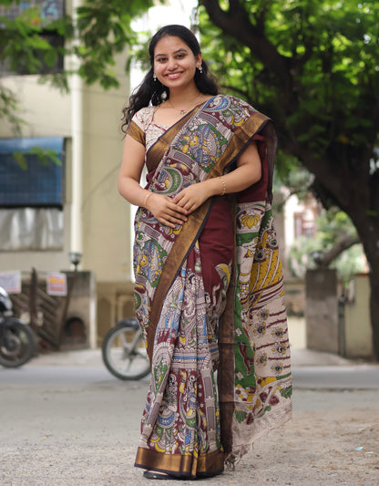 Brown Nizam Border Kalamkari Silk Saree