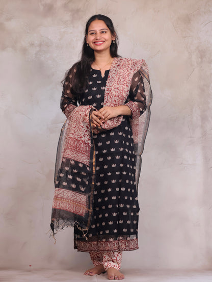Black Handblock printed kota 3 piece suit (stitched)