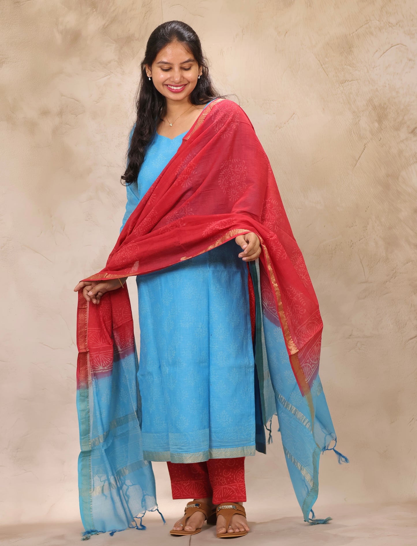 Sky Blue & Red Handblock printed Pure Maheswari Silk 3 piece suit (stitched)